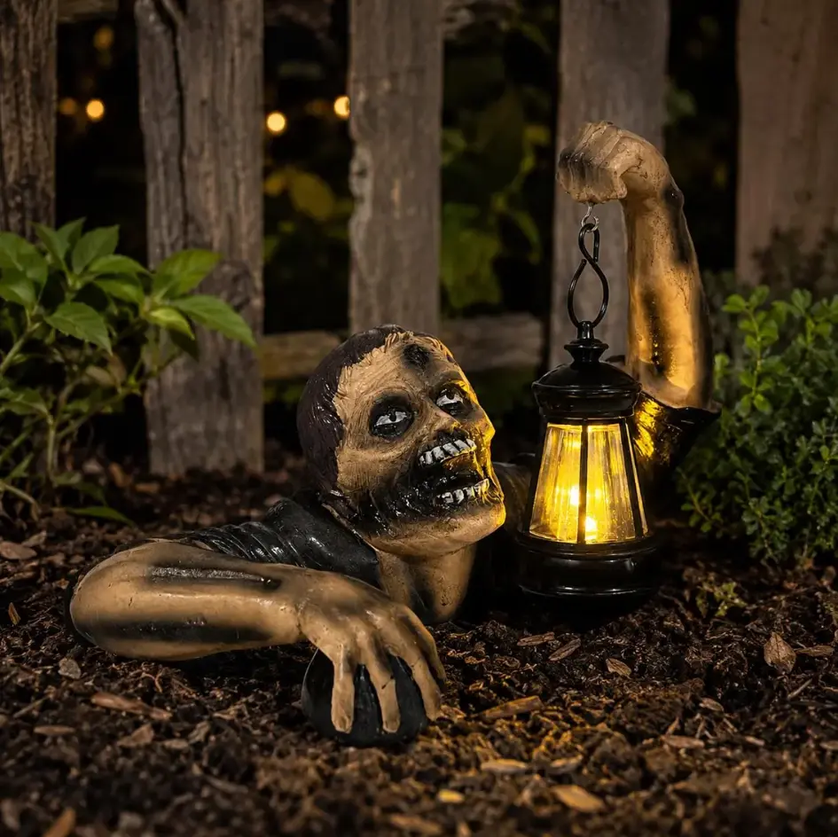 Resin Halloween Risen-from-Ground Zombie Figurine - Creepy Crawling Dead Statue with Glowing Lantern, Scary Outdoor Yd Lawn Pathway Decoration for Haunted House Party Prop, Porch Display Collectible