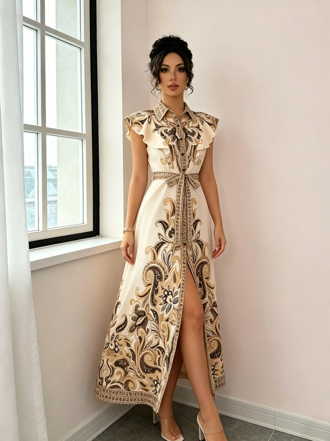 A women's apricot gold patterned slit lace up dress, Elegant, Classy, Flattering, adjustable waistband, suitable for commuting to work, shopping and outdoor activities Formal Dress