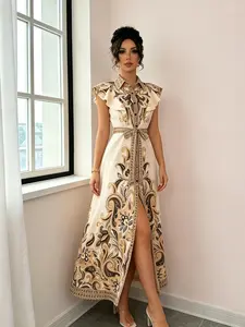 A women's fashionable apricot gold patterned slit lace up dress, with a slit design that highlights leg length and adjustable waistband, suitable for commuting to work, shopping and outdoor activities, indoor and outdoor dressing Formal Dress