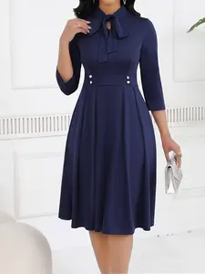Summer Belted Waist A-Line Dress, Elegant Office Wear, Suitable for Church, Wedding, Business Meetings, Daily Office, Slimming and Concealing
