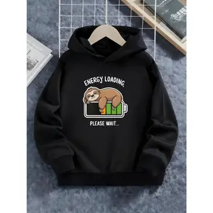 Women's sloth-themed energy loading design Graphic Hoodie - Long Sleeve Pullover Regular Fit | Soft & Breathable Fabric, Durable Print, Everyday Comfort, Machine Washable, casual and playful indoor lifestyle with books and modern decor