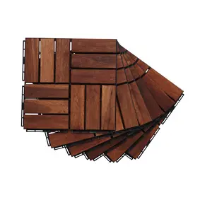Acacia Wood Interlocking Deck Tiles Checker Pattern, 10PCS 12" x 12" Square Brown Acacia Hardwood Outdoor Flooring for Patio, Bancony, Assembly Diy
