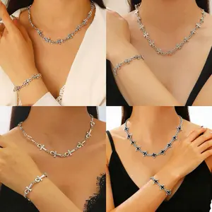 Silver Tone Cross & Bow Jewelry Set Collection, 4 Styles of Matching Necklaces and Bracelets, Gothic & Coquette-Inspired Stackable Jewelry Sets for Edgy & Feminine Styling
