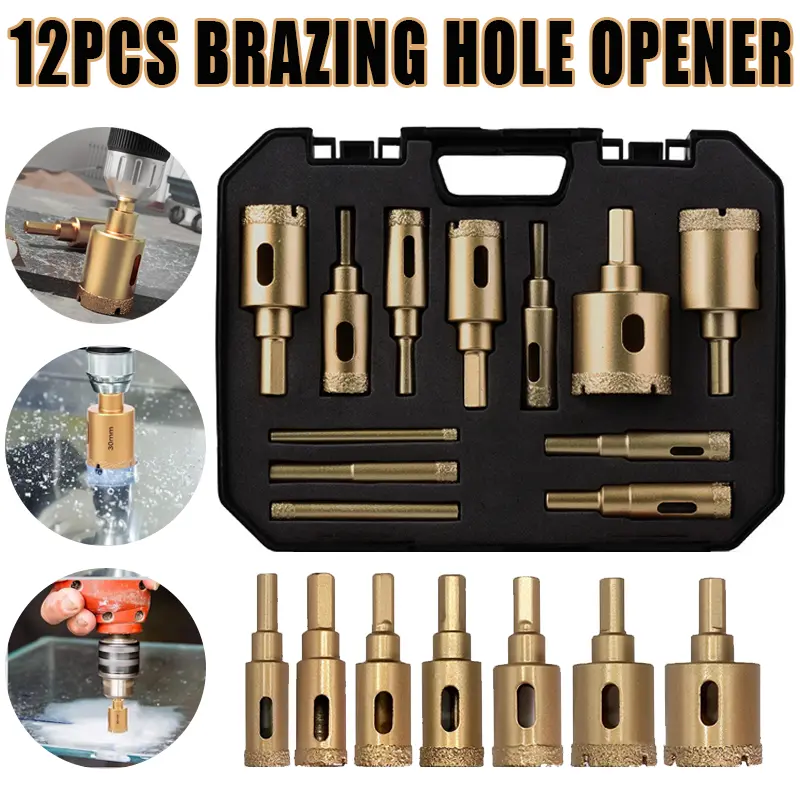 12pcs fiber welded hole saw drill bit set, metal triangular handle, suitable for tiles, marble, glass and ceramics,  professional drilling tool everyone