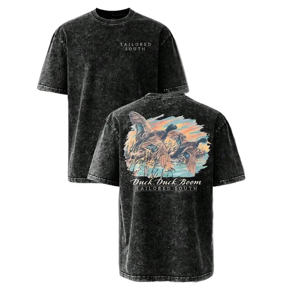 Mallard Duck Sunset Vintage Washed T-Shirt – Waterfowl Hunting Graphic Tee for Men, Front & Back Print, Gift for Duck Hunters & Outdoor Enthusiasts