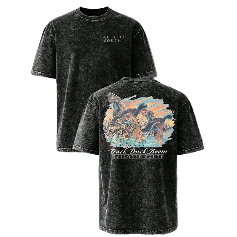 Mallard Duck Sunset Vintage Washed T-Shirt – Waterfowl Hunting Graphic Tee for Men, Front & Back Print, Gift for Duck Hunters & Outdoor Enthusiasts