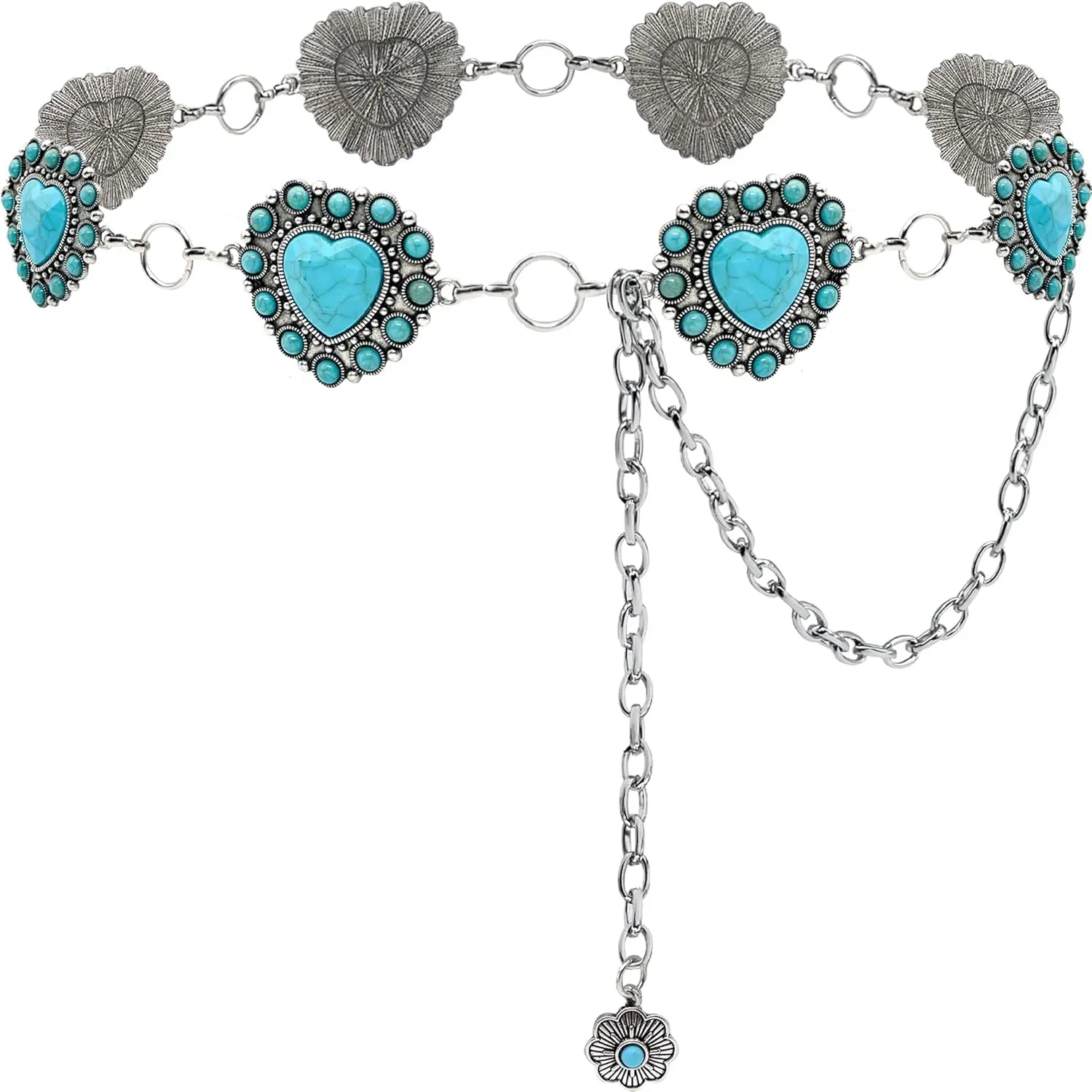 Turquoise Belt Silver Western Chain Belt Cowgirl Concho Belts for Women
