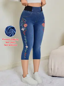 Women's Tight Fit Seven-Quarter Pants, Faux Denim Print, Slim-Fitting Casual Bottoms, All Season Wear, Comfortable and Stylish
