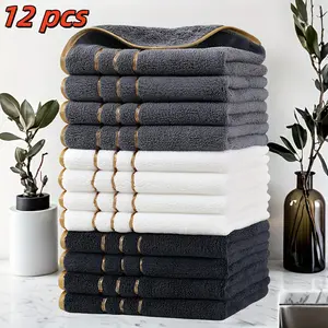 Premium 12pcs Set of Golden Square Towels 35cm X 35cm Wide Striped Towel- Ultra-fine Fiber Towel with Exceptional Absorbency, Suitable for Both Wet and Dry Cleaning, Retro Style, Space Theme, Applicable for Home, Bathroom, Spa Centers, Valentine'