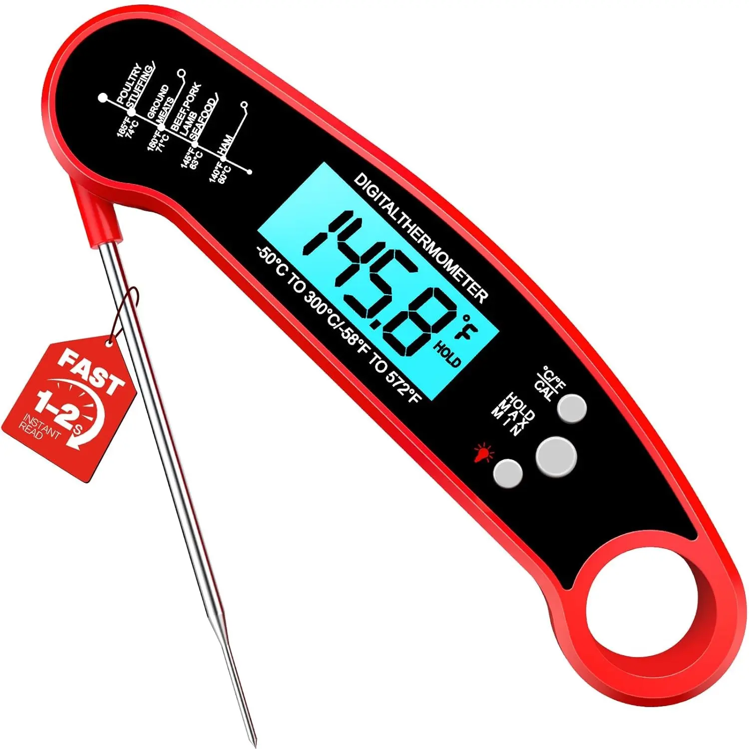 Meat Thermometer Digital, 1-2 Sec Instant Read, Food, Cooking, Grill | Bright Backlit Display, Waterproof for Air Fryer, Smoker, Candy, Kitchen Gadgets, BBQ Essentials, Gift for Men Husband, Red