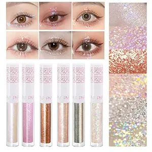 6Pcs Glitter Eyeshadow Eyeliner, Korean Makeup, Bling Under Eye Shadow, Shimmer Eye Make Up Valentine's Gift Set,Long Lasting,Quick Drying & Pigmented Loose Glitter Glue for Crystals Makeup