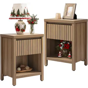 SICOTAS Fluted Night Stand Set of 2, Farmhouse Bedside Tables with Drawer and Open Shelf – Boho Bedroom Nightstands for Storage, Large End Tables with Vintage Design, Sturdy Engineered Wood Accent Furniture for Home Decor