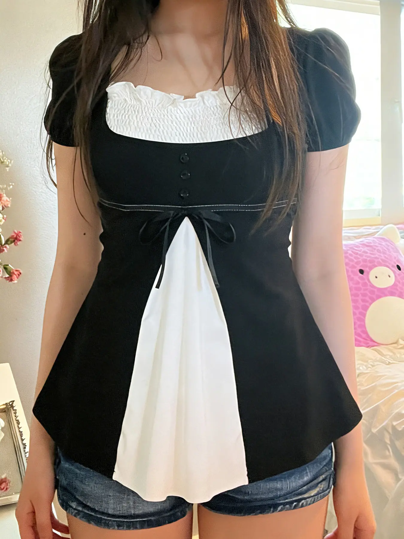 Patchwork Square Neck Short Sleeve Adjustable Tie Top, Retro Girl Style A-Line Tie Bow Bubble Sleeve T-Shirt, College Y2K Fashion Womenswear, Flowy Tops