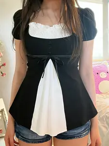 Patchwork Square Neck Short Sleeve Top, Retro Girl Style A-Line Tie Bow Bubble Sleeve T-Shirt, College Y2K Fashion