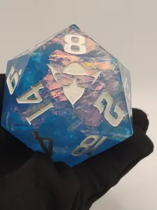 85mm Celestial Regret Chonk D20 – Handmade Giant DnD Die in Light Blue with Opalescent Holographic Foil & White Ink