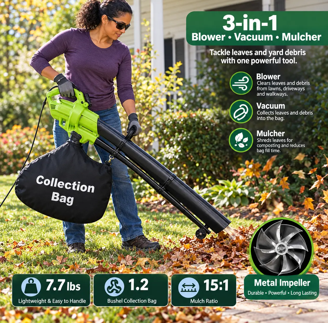 3-in-1 Electric Leaf Blower Vacuum Mulcher with Metal Impeller