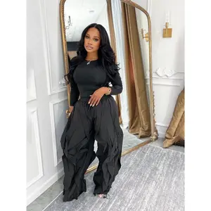 Women’s Slim-Fit Top & Wide-Leg Patchwork Ruffle Pants Set, Casual Commuter Spring/Fall, Unique Women’s Ensemble