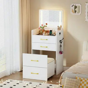 Dystler 3 in 1 Vanity Desk with Flip Top Mirror and Lights,Glass Top Compact Vanity with 3 Drawers & Rolling Stool,Modern Small Makeup Vanity Table w/Charging Station