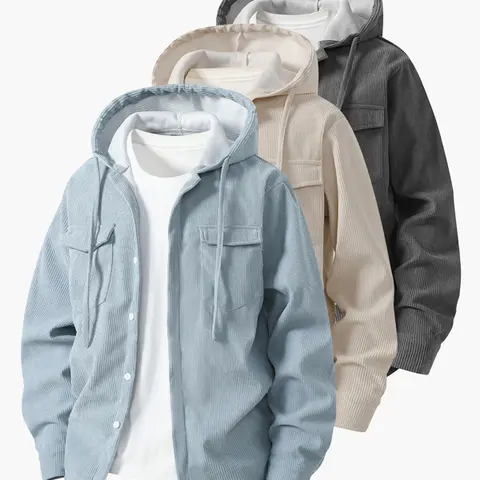 Men’s autumn retro hooded corduroy shirt jacket with turn-down collar, button closure, long sleeves, cargo pockets, loose lightweight streetwear casual outerwear