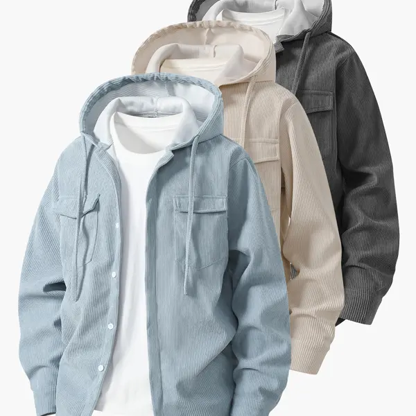 Men’s autumn retro hooded corduroy shirt jacket with turn-down collar, button closure, long sleeves, cargo pockets, loose lightweight streetwear casual outerwear