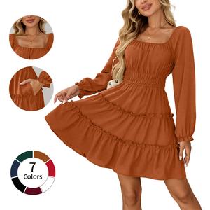 Chicovar Women's Square Neck Boho Mini Dress – Long Sleeve Smocked Waist Tiered Ruffle Dress with Pockets , Cute Lantern Sleeve for Spring Wedding Guest, Family Photos, Church, Westernfashion, Summervibes
