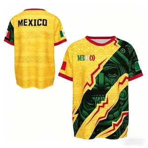 Retro Mexico Football Jersey, Yellow Aztec Graphic Tee, Breathable El Tri Fan Outfit for Game Day 2026 Mexico Fan Edition Jersey, Yellow Aztec Print Soccer Shirt, Casual Sportswear for Men