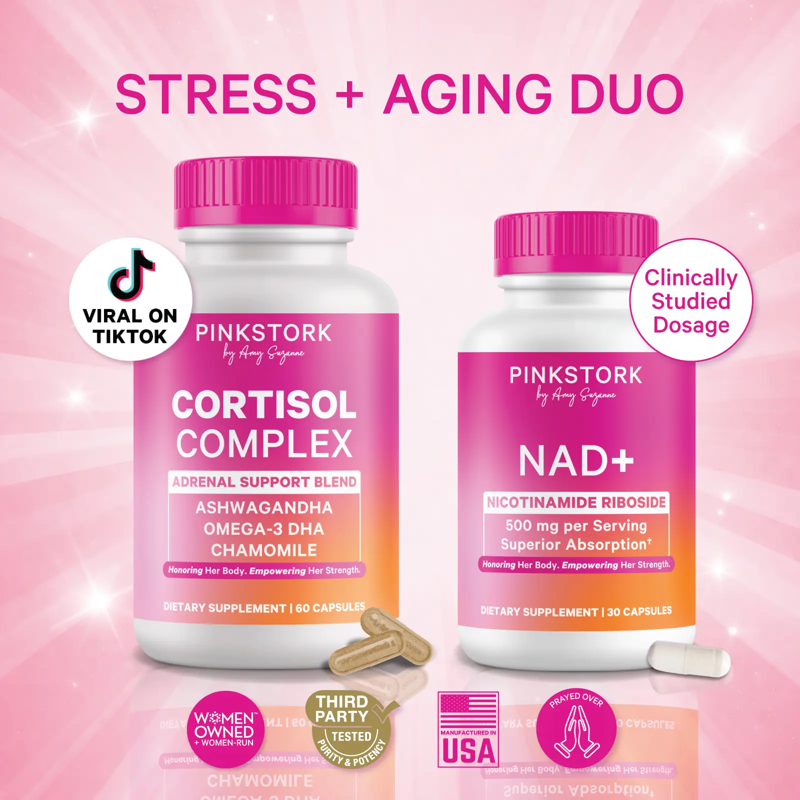 Pink Stork Stress + Aging Duo | Cortisol Supplements + NAD for Women | for Adrenal Support and Brain Health Pink Stork Stress + Aging Duo | Cortisol Supplements + NAD for Women | for Adrenal Support and Brain Health