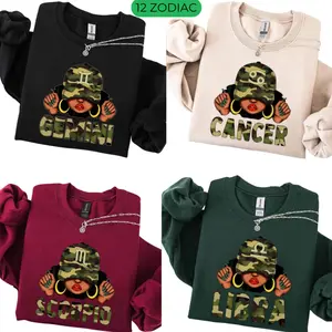 [Full 12 Zodiac] Zodiac Vibes Sweatshirt – Scorpio, Sagittarius, Capricorn, Aquarius, Pisces Afro Woman Astrology Sign Pullover with Sparkly Hat Graphic, Unisex Horoscope Crewneck Gift for Aries, Virgo & Zodiac Lovers, Trendy Aesthetic Sweater 0GE