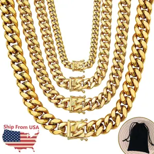 Cuban Link Chain Necklace or Bracelet with Design Box Clasp for Men 18K Gold Stainless Steel Hip Hop Punk Miami Curb Chains 7.5-30 inch