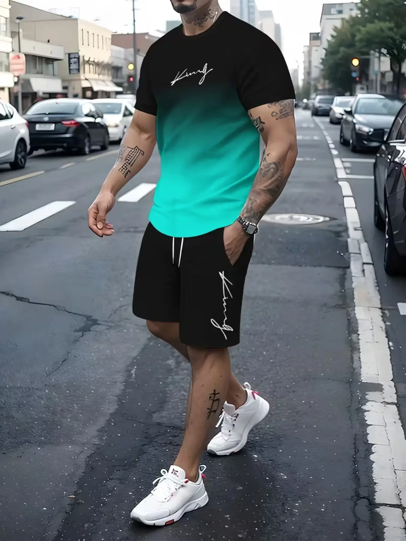 Men's 3D Short Sleeve Set, Outdoor Sports Casual Hoodie, Workout Summer Clothes, Geometric Pattern, Drop Waist, Fitted, Short Sleeve, Crop/short Length Tee, Athletic Tracksuit Set, Summer Athletic Wear, Sports Clothing Set