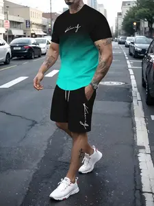 Men's 3D Short Sleeve Set, Outdoor Sports Casual Hoodie, Workout Summer Clothes, Geometric Pattern, Drop Waist, Fitted, Short Sleeve, Crop/short Length Tee, Athletic Tracksuit Set