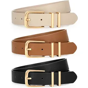 3 Pack Women's Leather Belts for Jeans Dress Pants Fashion Ladies Leather Belts with Gold Buckle