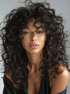 Black Curly Wig for Women 18 Inch Long Curly Afro Wig With Bangs Big Bouncy Fluffy Synthetic Hair Glueless Wig Natural Look