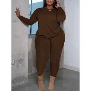 Women's Plus Size 2-Piece Set, Long-Sleeve Round-Neck Top & Pants, Casual Athleisure Wear Set Home Sportswear for Daily WearRAIMENTRY
