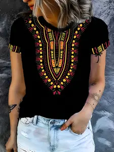 Vibrant Ethnic Style Colorful Totem Print Short Sleeve Fitted Polyester T-Shirt, Perfect for Casual & Daily Wear, Eye-Catching Design!