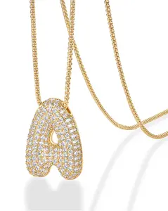 Elarique  14K Gold Plated Bubble Letter Initial Necklace - Women's Gold Balloon Letter Necklace - Chunky Initial Pendant Necklace with Cubic Zirconia - Jewelry Gift