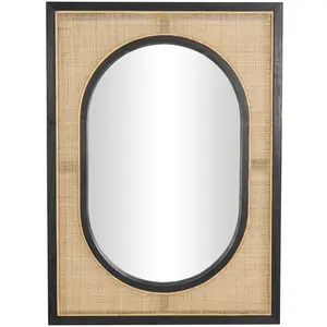 Brown Rattan Room Wall Mirror with Black Accent Frames