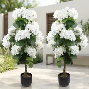 2 Pcs 38" Artificial Hydrangea Trees Potted, UV Resistant Faux Silk Hydrangea Plant in Pot for Indoor Outdoor Decoration, Hydrangea Topiary for Garden Office Home Porch Patio Decor (2, White)