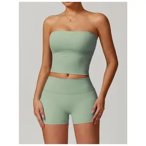 Women's Strapless Bandeau Sports Set - Sexy Back-Revealing, Shockproof, Quick-Drying Yoga Wear - Ideal for Fitness,, Pilates, and Daily Wear