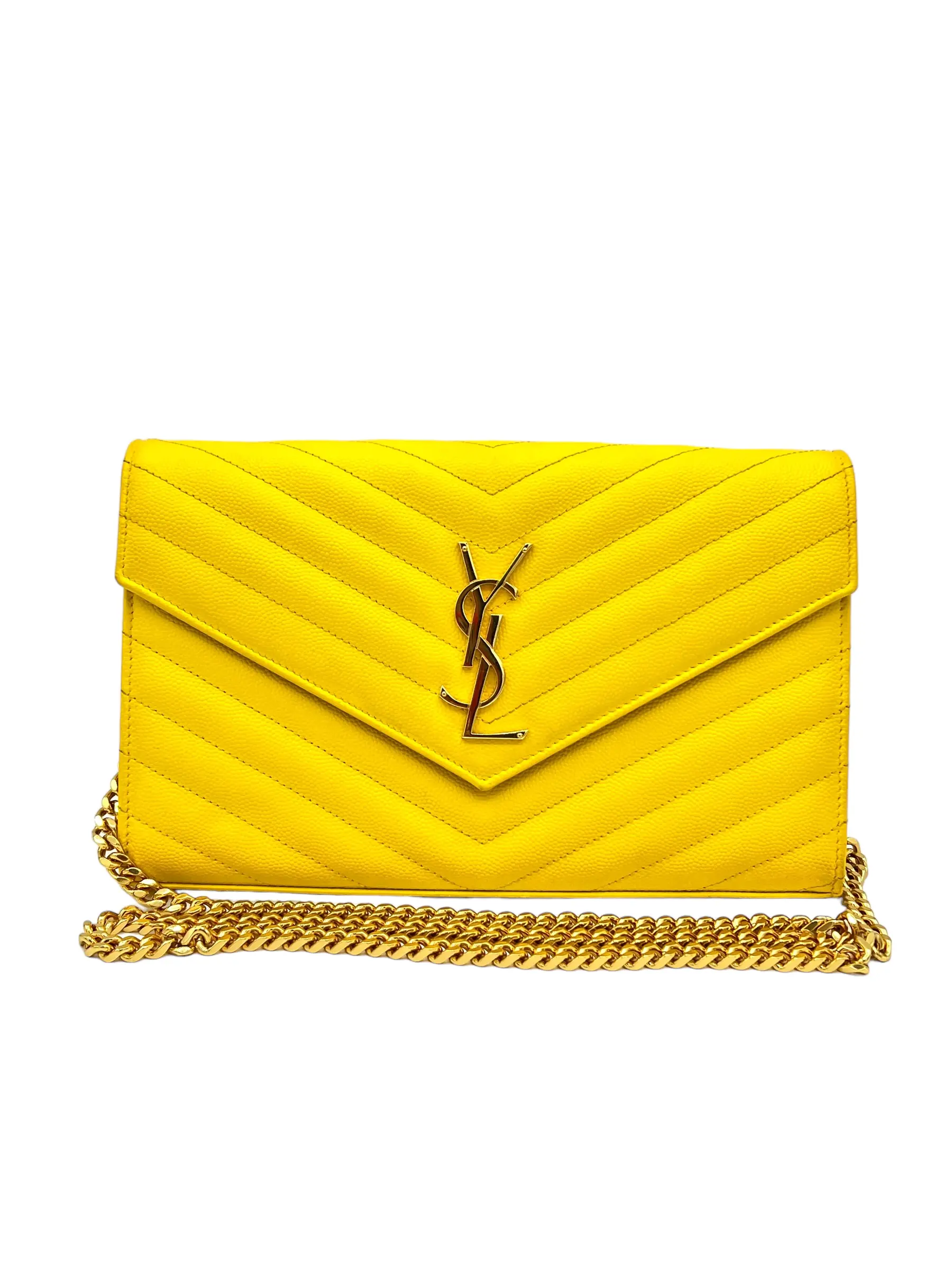 Pre-owned Yves Saint Laurent MATELASSE LEATHER Crossbody Bags YSL CASSANDRA WALLET ON A CHAIN YELLOW
