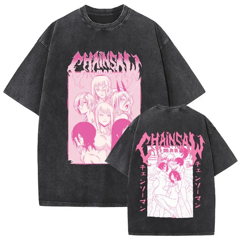 Men's Anime Chainsaw Man Washed Vintage Oversized Short-Sleeve T-Shirt, Breathable Basic Classic Streetwear with Makima Reze Power Graphics, Unisex Casual Otaku Apparel