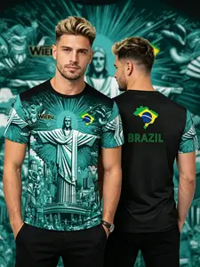 Brazil Theme Sportswear Jersey, Christ Pattern, Comfortable Breathable T-Shirt, Team Uniform for Training and Games, Casual Wear