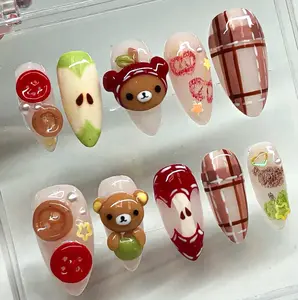 Cartoon Bear Nails, Bear and Apple-Themed Press On Nails, Handmade Baby Cute 3D Handmade Nail Art, Fake Nails, Kawaii Nails, Apple Nail
