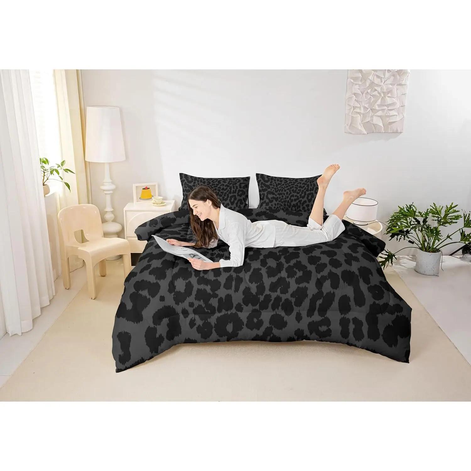 Feelyou Leopard Print Bed Set - Abstract Cheetah Texture Quilt Set, Rustic Farmhouse Retro Down Duvet Insert, Black Noble Decorative Duvet Cover for Women's Room Decor, Bed Sets