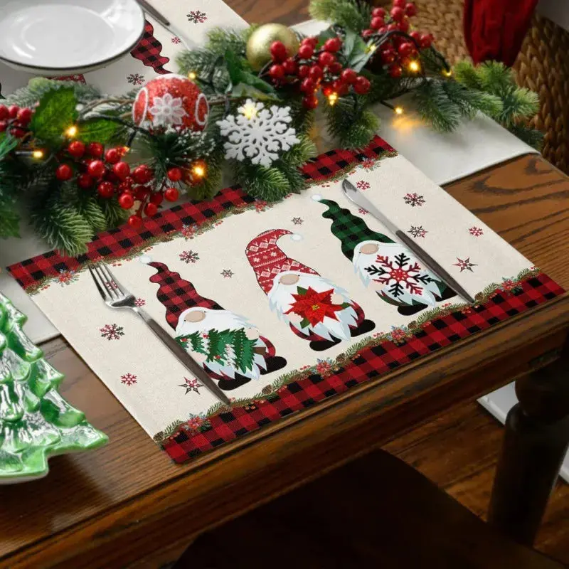 4pcs/set Christmas Placemat Set Red Plaid Pattern kitchen Placemats Santa Claus Snowflake Tablecloth Decorative Cloth Table Mats