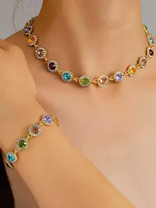 2 pieces of colored gemstone necklace and bracelet set with rhinestones, elegant heart shell rhinestone necklace, suitable for daily wear, parties, and festive casual jewelry Fashionable jewelry set Trendy jewelry set