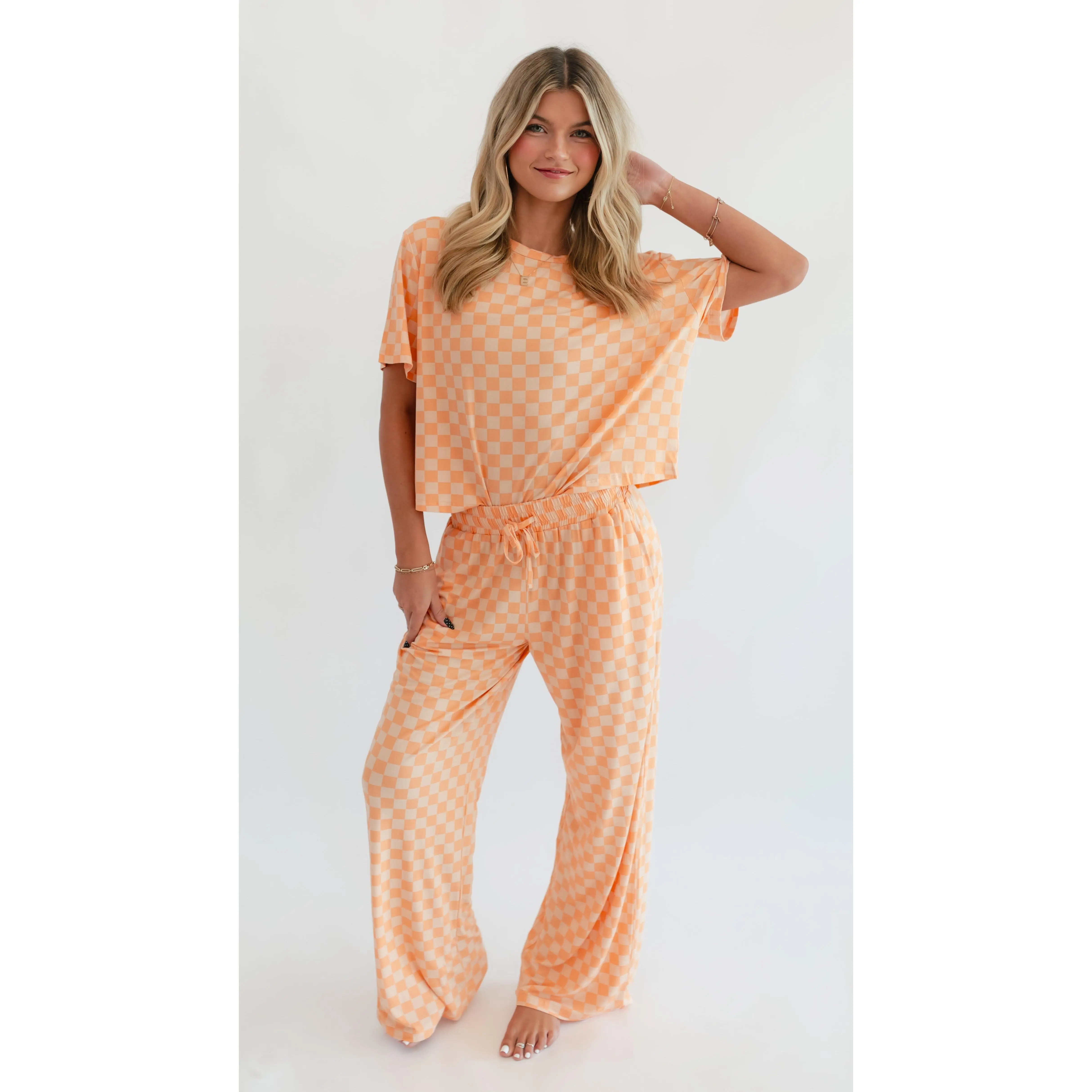 Women's T-Shirt and Pants Set In Orange Checkered