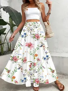 Ladies' high-waisted A-line colorful floral printed bohemian half-length skirt, summer retro oil painting style swing vacation umbrella skirt Womenswear