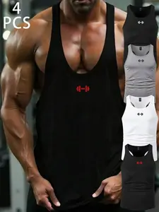 Men's Dumbbell Print Gym Vest 4-Pack, Stretch Breathable Running Workout Top, Fitted Sleeveless Compression Wear, Sporty Style