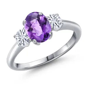 Gem Stone King Gemstone Birthstone and White Moissanite 3-Stone Engagement Ring for Women | 925 Sterling Silver | Oval 8X6MM and Round 4MM | Three Stone Wedding Anniversary Promise Ring